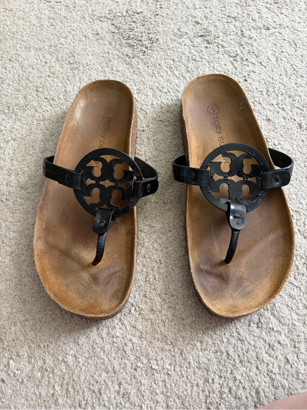 Tory Burch Miller Cloud Black Patent Leather Sz 8 Sandal w/ Brown Cork Footbed